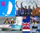 Podium żeglarstwo 470 kobiecy, Jo Aleh, Olivia Powrie (Nowa Zelandia), Hannah Mills, Saskia Clark (Wielka Brytania) i Lisa Westerhof, Lobke Berkhout (Holandia), Londyn 2012