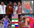 Podium freestyle wrestlingu 74 kg mężczyzna, Ernest Jordan Burroughs (Stany Zjednoczone), Sadegh Goudarzi (Iran), Tigiyev Soslan (Uzbekistan) i Denis Tsargush (Rosja), Londyn 2012