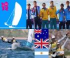 Podium żeglarstwo 470 mężczyzn, Mathew Belcher, Malcolm strony (Australia), Łukasz cierpliwości i Stuart Bithell (Wielka Brytania) i Lucas Calabrese, Juan de la Fuente (Argentyna), Londyn 2012