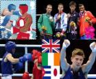 Podium Boks mężczyzn koguciej - 56 kg, Luke Campbell (Wielka Brytania), John Joe Nevin (Irlandia), Lázaro Álvarez (Kuba) i Satoshi Shimizu (Japonia), Londyn 2012