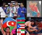 Podium walka wolna 84 kg mężczyzna, Sharif Sharifov (Azerbejdżan), Jaime Espinal (Puerto Rico), Dato Marsagishvili (Gruzja) i Ehsan Lashgari (Iran), Londyn 2012
