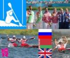 Męskie kajak sprint K2 200 m podium, Jurij Postrigay, Alexander Diaczenko (Rosja), Raman Piatrushenka, Siergiej Makhneu (Białoruś) i Liam Heath, Jon Schofield (Wielka Brytania), Londyn 2012