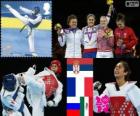 Podium taekwondo kobiet ponad 67 kg, Milica Mandić (Serbia), Anne-Caroline Graffe (Francja), Anastasia Baryshnikova (Rosja) i María de el Rosario Espinoza (Meksyk) - Londyn 2012 -