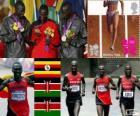 Lekkoatletyka ludzie maraton podium, Stephen Kiprotich (Uganda), Abel Kirui i Wilson Kiprotich (Kenia), Londyn 2012