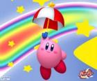 Kirby z parasolem latające wśród gwiazd i tęczę