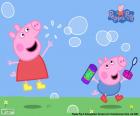 Peppa Pig i George Pig grając z baniek mydlanych