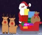 Rysunek Boże Narodzenie sanie pełne prezentów, Mikołaj i renifery