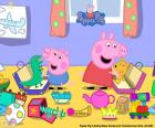 Peppa Pig i George z ich nowych zwierząt, niedźwiedź i dinozaur