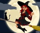 Czarownica z kotem, latanie na jej encantada broomstick w noc pełni księżyca