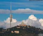 Widok ogólny Tibidabo, Kościół Sagrat Cor, park rozrywki Tibidabo i Torre de Collserola, Barcelona