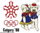 Logo i maskotki Howdy i Hidy 1988 na Zimowych Igrzyskach Olimpijskich w Calgary, Kanada. Z udziałem 1423 sportowców z 57 krajów