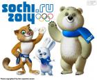 Logo i maskotki Leopard, Bely Mishka krytyk literacki Zaya z Igrzysk Olimpijskich w Soczi 2014, Rosja. Z udziałem sportowców 2871 z 88 krajów