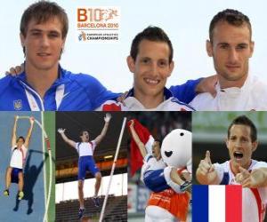 Układanka Renaud Lavillenie mistrz Skok o tyczce, i Przemysław Czerwiński Masuryk Maxym (2 i 3) z Barcelona Mistrzostwa Europy w Lekkoatletyce 2010