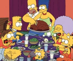 Układanka Rodzina Simpson w dniu Święta Dziękczynienia, gdzie rodziny zbierają się, aby jeść