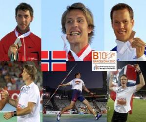 Układanka Rzut oszczepem Andreas Thorkildsen mistrz, Matthias Zord i Tero Pitkämäki (2 i 3) z Barcelona Mistrzostwa Europy w Lekkoatletyce 2010