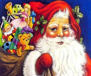 Układanka Santa Claus ze sobą wielką torbę pełną zabawek dać dzieciom na Boże Narodzenie
