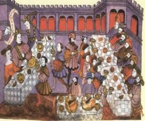 Układanka Scena średniowiecznego kolacja w salonie pałacu lub zamku