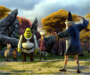 Układanka Shrek, wilkołak z przyjaciółmi Osioł, Kot w butach i Artur, Merlin oglądania