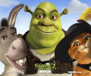 Układanka Shrek, wilkołak z przyjaciółmi Osioł i Kot w butach