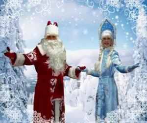 Układanka Snegurochka lub Śnieżynka i Dziadkiem Mrozem lub Dziadek Mróz, rosyjski tradycyjne znaki Boże Narodzenie