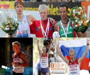 Układanka Stanislav Emelyanov 20 spacerem mistrz km, Alex Schwazer i Joao Vieira (2 i 3) z Barcelona Mistrzostwa Europy w Lekkoatletyce 2010