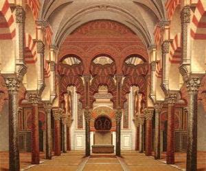 Układanka Stary Meczet w Kordobie, katedra prąd, marmurowe kolumny i łuki z miejsca świętego, mihrab