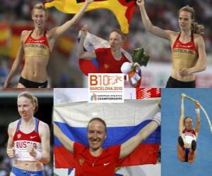 Układanka Swietłana Fieofanowa mistrz Skok o tyczce, i Lisa Ryzih Silke Spiegelburg (2 i 3) z Barcelona Mistrzostwa Europy w Lekkoatletyce 2010