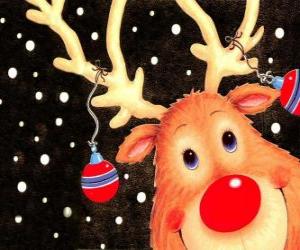Układanka Szef Rudolf, czerwony nos renifera, zdobione dekoracje świąteczne