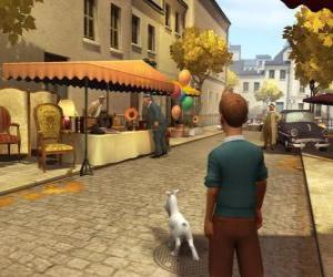 Układanka Tintin z jego pies Miluś idąc ulicą