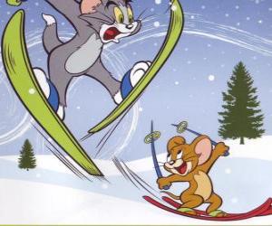 Układanka Tom i Jerry na śniegu z nartami