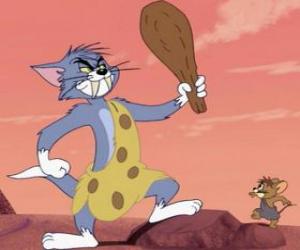 Układanka Tom ubrany jak jaskiniowiec z klubem, by zniszczyć Jerry