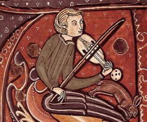 Układanka Trubadurzy lub wędrowny minstrel, singer-songwriter poeta lub artysta rozrywkowy w średniowieczu w Europie