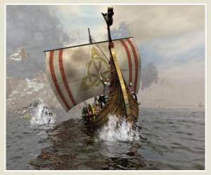 Układanka Viking statku lub longship żeglować obrzęk przez wiatr