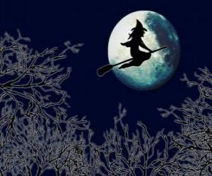 Układanka Wiedźma w niej magia miotła pływające w kierunku zamku na noc pełni księżyca
