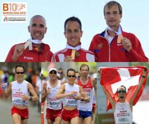 Układanka Wiktor Röthlin Marathon mistrz Jose Manuel Martinez i Dmitri Safronow (2 i 3) z Barcelona Mistrzostwa Europy w Lekkoatletyce 2010