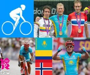 Układanka Wyścig ze startu wspólnego mężczyźni dekoracji, Alexander Vinokourov (Kazachstan), Rigoberto Urán (Kolumbia) i Alexander Kristoff (Norwegia) - London 2012-