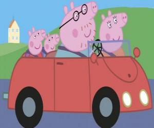 Układanka Świnka Peppa z rodziną w samochodzie: Pig tata, mama i Pig Pig George, jej młodszego brata