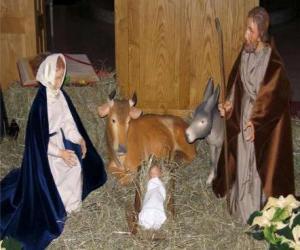 Układanka Święta Rodzina - Józefa, Maryi i Dzieciątka Jezus w żłobie z wołu i muł