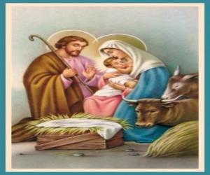Układanka Święta Rodzina - Józefa, Maryi i Dzieciątka Jezus w żłobie z wołu i muł