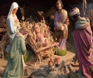 Układanka Święta Rodzina w stajence z wołu i muł, z pasterzem owiec i król podając prezenty dla Jezusa