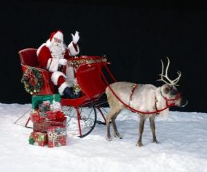 Układanka Święty Mikołaj machając do magicznego sanki załadowany