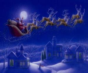 Układanka Święty Mikołaj w jego magia saniach ciągniętych przez renifery latające w noc Bożego Narodzenia