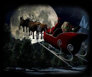Układanka Święty Mikołaj w jego magia saniach ciągniętych przez renifery latające w noc Bożego Narodzenia