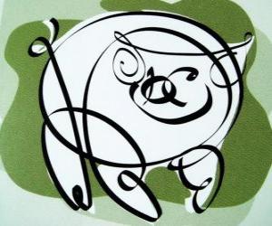 Układanka Świń, znakiem świni, rok świni w chińskiej astrologii. Ostatnia z dwunastu zwierząt chińskiego zodiaku